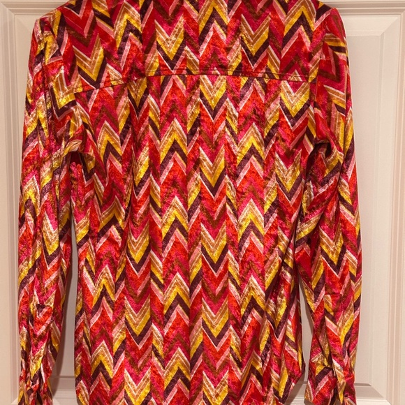 Vintage Isaac Mizrahi Red and Yellow Graphic Button Down Velour Shirt - Picture 3 of 4